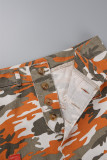 Jupe décontractée imprimé camouflage patchwork fente skinny taille haute conventionnelle patchwork orange