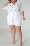Vit Casual Solid Patchwork Skjortkrage Plus Size Two Pieces