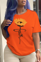 T-shirts à col rond et patchwork à imprimé vintage orange quotidiens