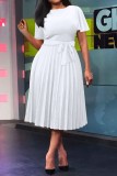 ホワイト カジュアル ソリッド パッチワーク V ネック 半袖 ドレス ドレス