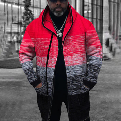 Vêtement d'extérieur à col à capuche géométrique décontracté en patchwork rouge noir