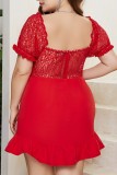 Rotes sexy solides Patchwork-Kleid mit V-Ausschnitt und kurzen Ärmeln in Übergröße