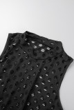 Zwarte sexy effen uitgeholde patchwork O-hals eenstaps rok Grote maten jurken