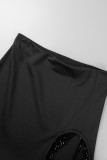 黒のセクシーなソリッドカラーのタッセルステッチハイウエストタイトスカート