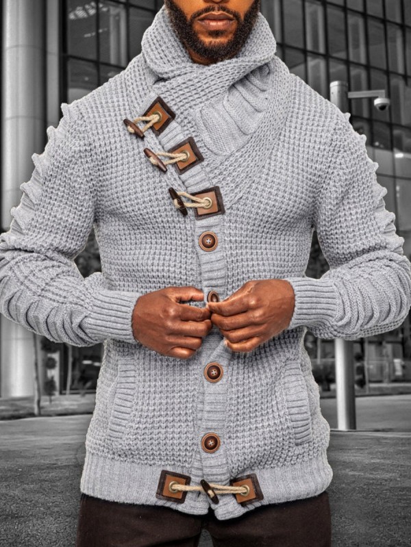 Graue, lässige, einfarbige Rollkragen-Oberbekleidung mit Patchwork-Knöpfen