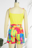 Yellow Casual Print Backless With Belt Spaghetti Strap Sleeveless Two Pieces