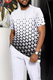 Black White Casual Geometric Patchwork O Neck Short Sleeve Two Pieces