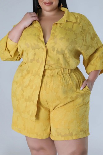 Yellow Casual Solid Patchwork Shirt Collar Plus Size Two Pieces