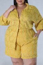 Colletto della camicia patchwork solido casual giallo Plus Size Due pezzi