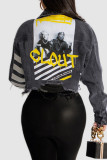 Прямая джинсовая куртка с отложным воротником и длинными рукавами с черным уличным принтом в стиле пэчворк и пряжкой