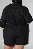 Col de chemise patchwork uni décontracté noir grande taille deux pièces