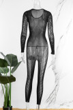 Black Sexy Casual Solid See-through O Neck Skinny Jumpsuits