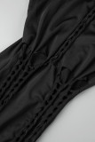 Черное сексуальное повседневное однотонное длинное платье с круглым вырезом