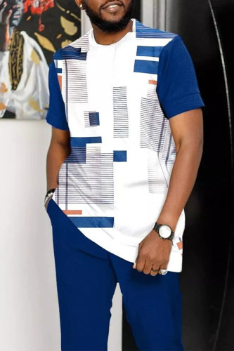 Bleu Décontracté Géométrique Patchwork O Cou Manches Courtes Deux Pièces