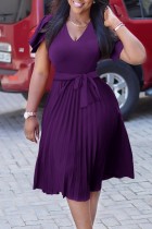 Пурпурное повседневное однотонное платье в стиле пэчворк с V-образным вырезом и коротким рукавом Платья