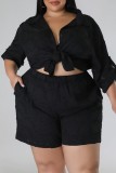 Black Casual Solid Patchwork Shirt Collar Plus Size Two Pieces
