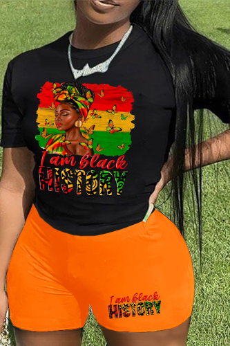 Orange Street Print Patchwork O Neck Plus Size Two Pieces
