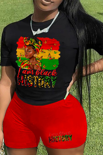 Black Red Street Print Patchwork O Neck Plus Size Two Pieces