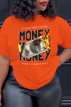 T-shirt con scollo a U e lettera patchwork con stampa street casual arancione