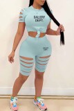 Sky Blue Casual Print Ripped Letter O Neck Short Sleeve Two Pieces