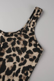 Leopardtryck sexigt tryck Patchwork U-hals Skinny Jumpsuits