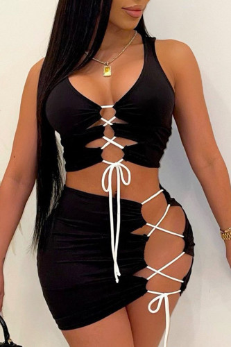 Black Sexy Casual Street Party Solid Cross Straps U Neck Sleeveless Two Pieces