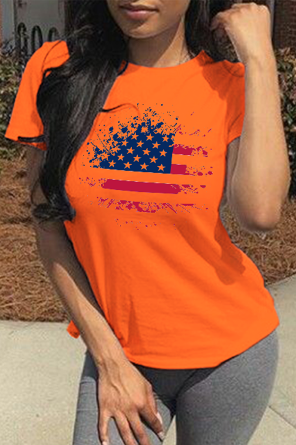 Orangefarbene Street-Simplicity-Print-Patchwork-T-Shirts mit O-Ausschnitt