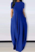 Синее повседневное однотонное базовое платье с круглым вырезом и коротким рукавом Платья