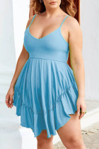 Голубое сексуальное повседневное однотонное платье без рукавов на тонких бретельках Платья больших размеров