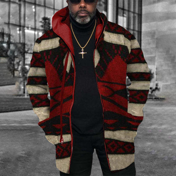 Prendas de abrigo de cuello con capucha de patchwork geométrico casual rojo
