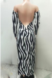Black And White Sexy Casual Street Elegant Striped Backless Fold Off the Shoulder One Step Skirt Dresses