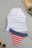 White Sexy Print Hollowed Out Backless Independence Day Swimwears (With Paddings)