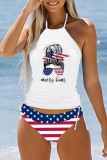 White Sexy Print Hollowed Out Backless Independence Day Swimwears (With Paddings)