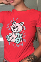 Red Street T-shirts met schattige print en patchwork met O-hals