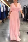 ピンク カジュアル ソリッド パッチワーク V ネック ロング ドレス ドレス