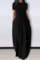 Черное повседневное однотонное базовое платье с круглым вырезом и коротким рукавом Платья