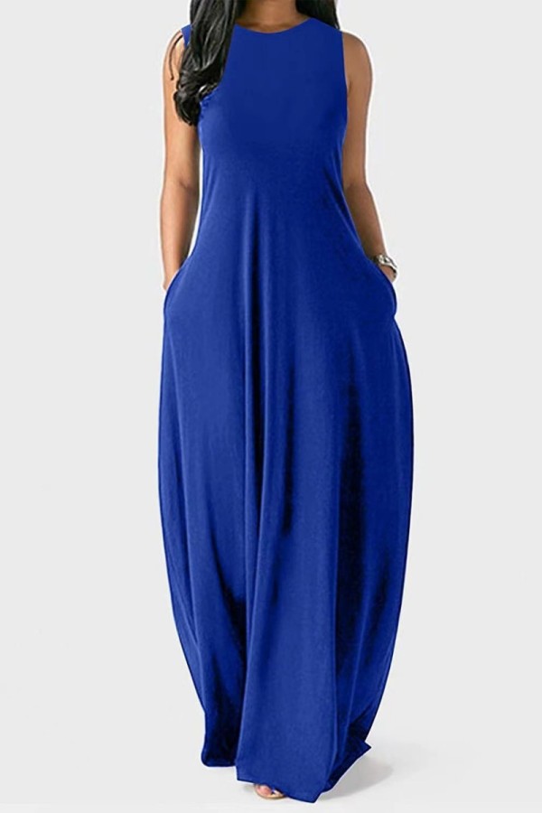 Синее повседневное однотонное базовое длинное платье с круглым вырезом Платья