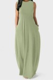 Фруктово-зеленое повседневное однотонное базовое длинное платье с круглым вырезом Платья