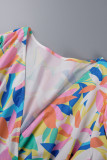 Vestidos multicoloridos com estampa casual patchwork manga longa decote em V vestidos tamanho grande