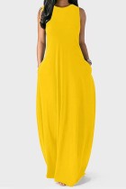 Желтое повседневное однотонное базовое длинное платье с круглым вырезом Платья