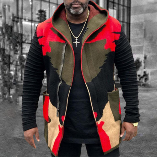 Red Casual National Totem Patchwork Hooded Collar Outerwear