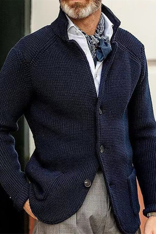 Navy Blue Casual Solid Buttons V Neck Outerwear