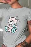 Marineblauwe T-shirts met schattige patchwork-print en O-hals