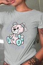 Camisetas con cuello en O de patchwork con estampado lindo de calle gris