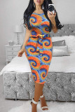 Farbe Casual Print Basic O-Neck Kurzarm-Kleid