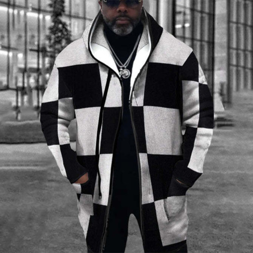Vêtement d'extérieur à col à capuche géométrique décontracté en patchwork noir blanc