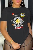 Black Casual Print Basic O Neck T-Shirts