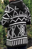 Black Casual Patchwork Cardigan Hooded Collar Outerwear