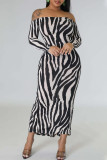 Black And White Sexy Casual Street Elegant Striped Backless Fold Off the Shoulder One Step Skirt Dresses