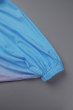 Poederblauwe casual print rugloze off-shoulder jurken met lange mouwen
